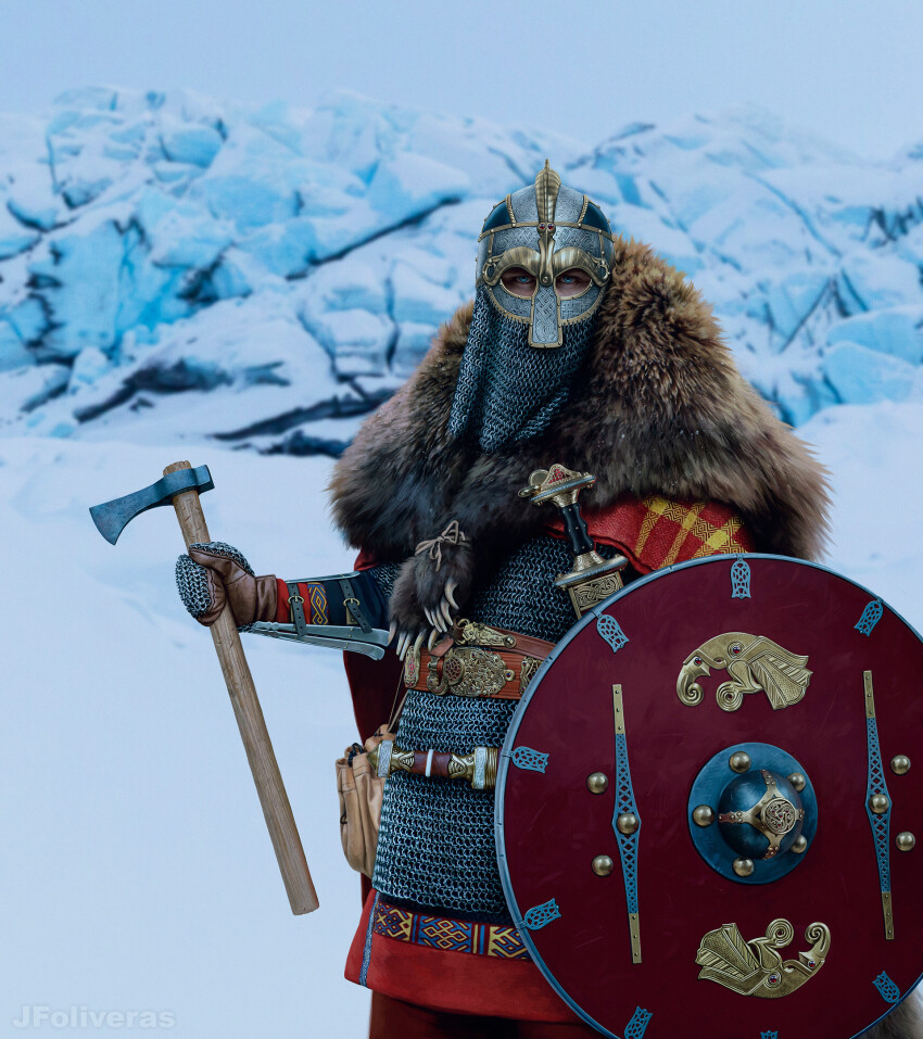 1boy armor axe bear_pelt blue_eyes chainmail day helmet highres holding holding_axe holding_shield jfoliveras looking_at_viewer original outdoors pelt shield snow solo sword upper_body viking weapon