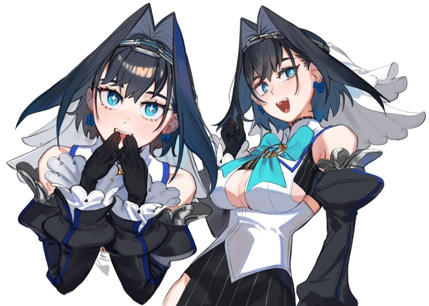 +_+ 1girl blue_eyes bow bow_earrings breasts chain detached_sleeves earrings eus_ing fangs gloves hair_between_eyes hair_intakes hololive hololive_english jewelry large_breasts looking_at_viewer multiple_views open_mouth ouro_kronii simple_background teeth tongue virtual_youtuber white_background