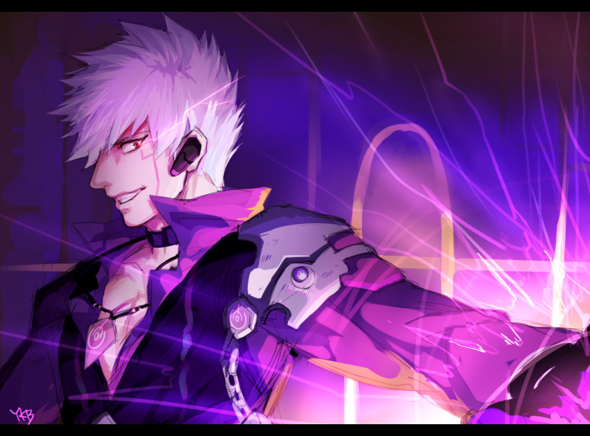 1boy add_(elsword) bad_id bad_pixiv_id bloody_yukime chain ear_covers elsword facial_mark grin highres jacket lunatic_psyker_(elsword) male_focus purple_background purple_eyes purple_theme smile solo tattoo white_hair yukibi_(ykb)