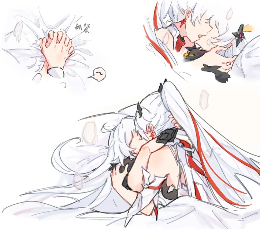 2girls chinese_text commentary cross cross_earrings dual_persona earrings french_kiss hair_ornament heavy_breathing highres holding_hands honkai_(series) honkai_impact_3rd interlocked_fingers jewelry kiana_kaslana kiana_kaslana_(herrscher_of_flamescion) kiana_kaslana_(herrscher_of_the_void) kiss long_hair multiple_girls red_hair selfcest shiying_no_yao symbol-only_commentary very_long_hair white_hair