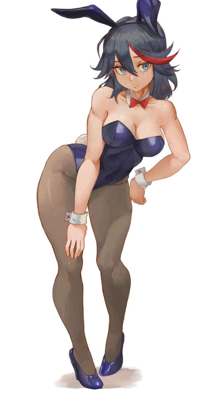 1girl absurdres alterlesott animal_ears bare_shoulders black_hair blue_eyes blue_footwear blue_leotard bow bowtie breasts brown_pantyhose cleavage closed_mouth commentary detached_collar english_commentary fake_animal_ears full_body hair_between_eyes hand_on_own_hip highres kill_la_kill large_breasts leotard matoi_ryuuko multicolored_hair pantyhose playboy_bunny rabbit_ears red_hair shoes short_hair simple_background solo standing streaked_hair white_background