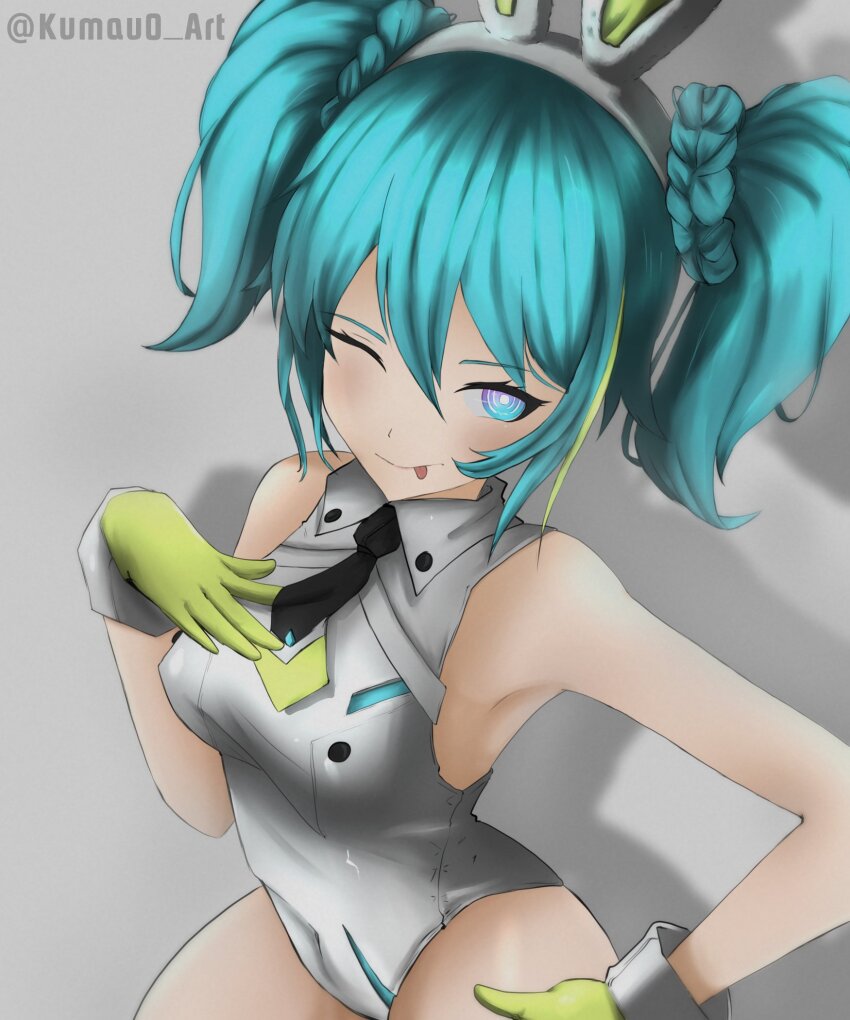 1girl animal_ears aqua_eyes aqua_hair bare_shoulders bicute_bunnies_miku bicute_bunnies_miku_(street) bow fake_animal_ears grey_background hair_bun hatsune_miku highres joestarmauo leotard necktie playboy_bunny rabbit_ears solo strapless tied_ears vocaloid wrist_cuffs