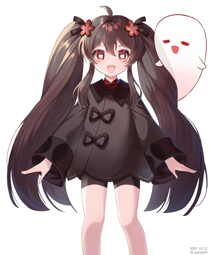 1girl :d absurdres aged_down ahoge black_dress black_shorts brown_hair child dress eun_yelim closed_eyes flower genshin_impact ghost hair_flower hair_ornament highres hu_tao_(genshin_impact) long_hair long_sleeves looking_at_viewer open_mouth red_eyes shorts simple_background smile solo symbol-shaped_pupils very_long_hair white_background wide_sleeves