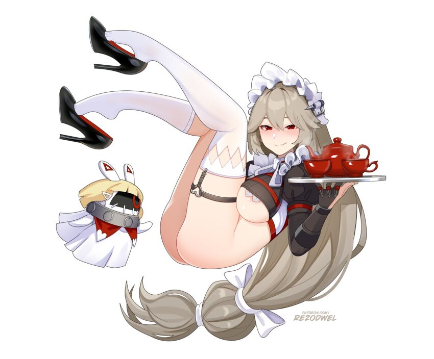 1girl alexandrina_sebastiane areola_slip bandaid bandaids_on_nipples bottomless breasts covered_erect_nipples gloves grey_hair hair_between_eyes high_heels large_breasts long_hair looking_at_viewer low-tied_long_hair maid maid_headdress partially_fingerless_gloves pasties red_eyes rezodwel shoe_dangle smile solo tea very_long_hair zenless_zone_zero