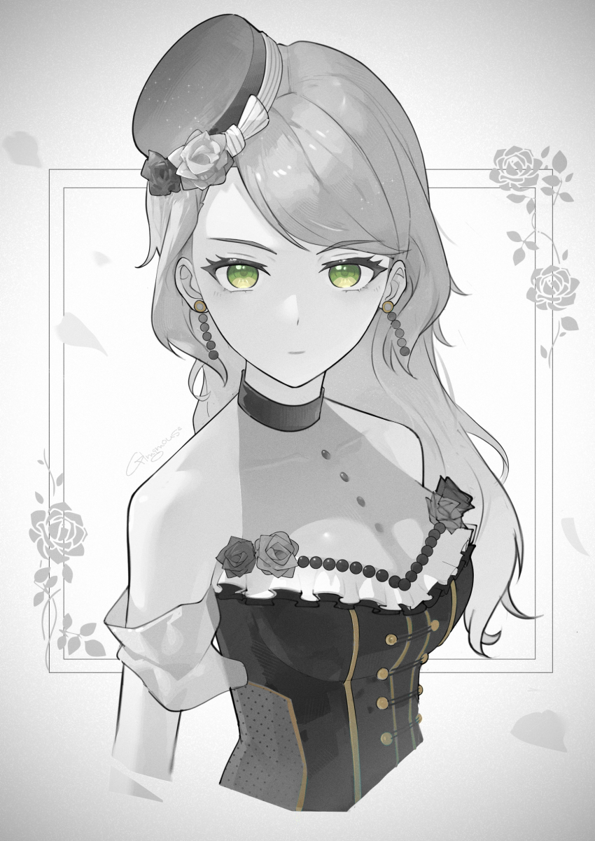 1girl bang_dream! blush breasts closed_mouth commentary_request cropped_torso detached_sleeves dress earrings gblamgo green_eyes greyscale hat highres hikawa_sayo inset_border jewelry long_hair looking_at_viewer medium_breasts monochrome partial_commentary sleeveless sleeveless_dress solo spot_color upper_body