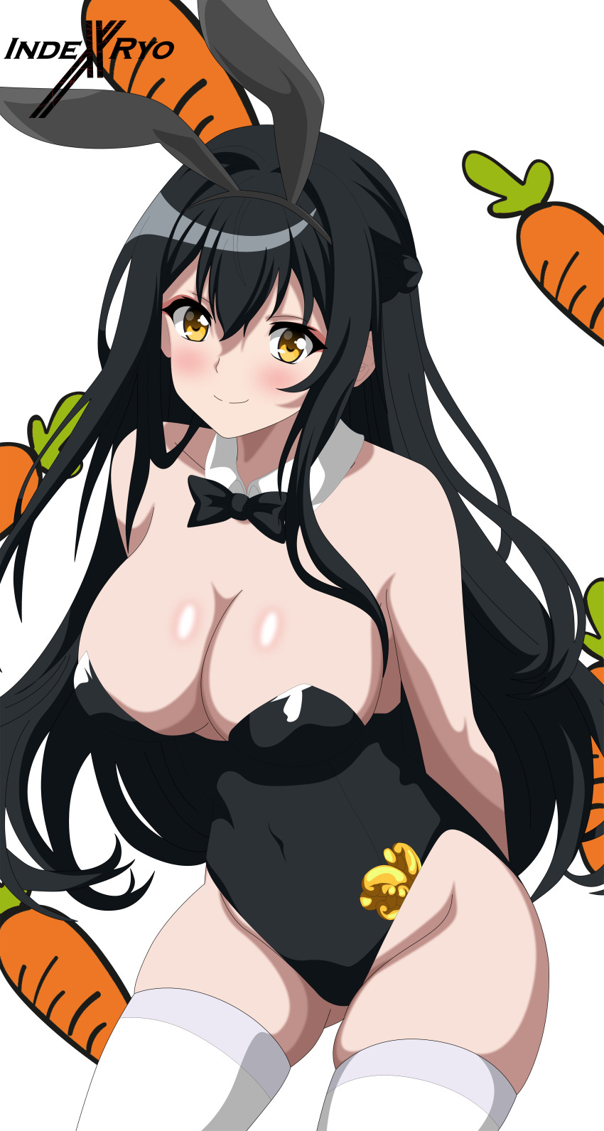 1girl absurdres animal_ear_hairband animal_ears ara_haan arms_behind_back artist_logo black_bow black_bowtie black_hair black_leotard bow bowtie breasts carrot_background cleavage cowboy_shot detached_collar elsword fake_animal_ears hairband highres indexxryo large_breasts leaning_forward leotard logo long_hair looking_at_viewer orange_eyes playboy_bunny rabbit_ears rabbit_tail solo strapless strapless_leotard tail thighhighs white_background white_thighhighs