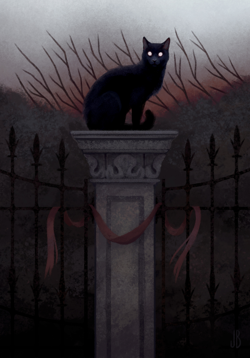 animal animal_focus bare_tree black_cat blank_eyes bush cat commentary dappermouth dark english_commentary fence grey_sky highres horror_(theme) looking_at_viewer muted_color no_humans no_pupils original outdoors pillar red_ribbon red_sky ribbon sitting sky stone_pillar tree white_eyes