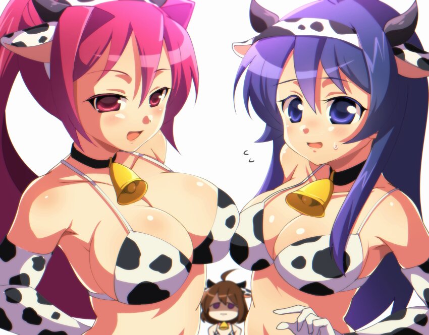 3girls absurdres ahoge animal_costume animal_ears animal_print bell bikini blue_eyes blue_hair blush breasts brown_hair cleavage cow_costume cow_ears cow_horns cow_print cow_print_bikini cow_print_gloves cowbell fake_horns gloves hair_intakes hairband highres horns huge_ahoge itsuka_neru large_breasts linne_(under_night_in-birth) long_hair looking_at_viewer medium_breasts multiple_girls neck_bell open_mouth orie_ballardiae_harada ponytail print_bikini print_gloves purple_eyes purple_hair ribbon short_hair swimsuit under_night_in-birth very_long_hair white_hairband yuzuriha_(under_night_in-birth)