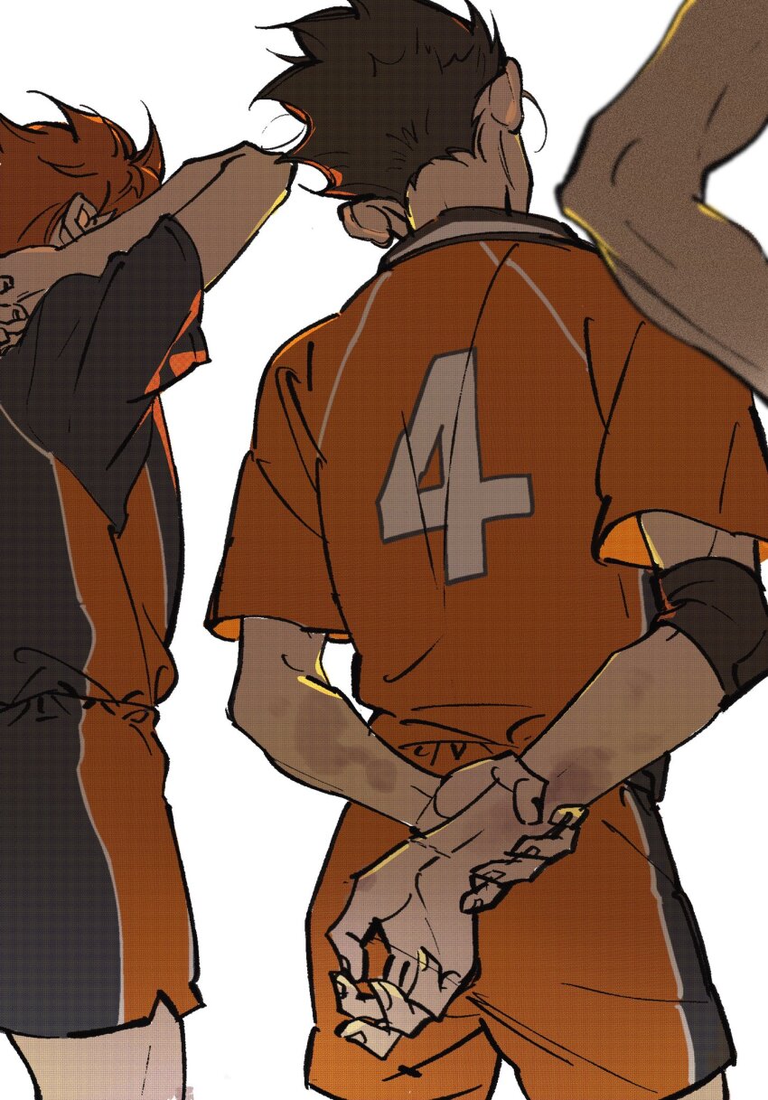 3boys arm_above_head brown_hair bruise bruise_on_arm clothes_writing collared_shirt elbow_sleeve feet_out_of_frame from_behind haikyuu!! hand_on_own_arm highres hinata_shouyou injury mr_study multicolored_clothes multicolored_hair multicolored_shirt multicolored_shorts multiple_boys nishinoya_yuu orange_hair orange_shirt orange_shorts out_of_frame shirt short_sleeves shorts simple_background spiked_hair sportswear striped_clothes striped_shirt striped_shorts volleyball_uniform white_background