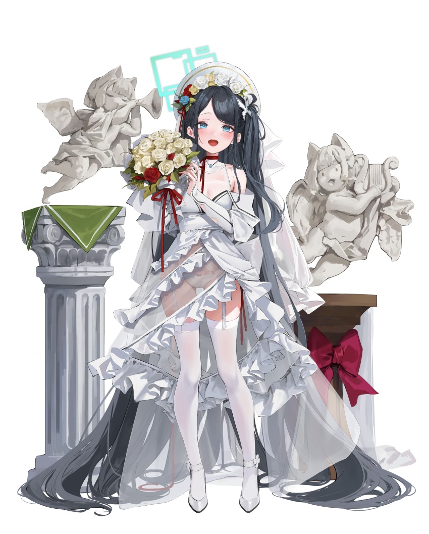 1girl absurdly_long_hair absurdres alternate_costume angel_statue aris_(blue_archive) black_hair blue_archive blush bouquet breasts bridal_gauntlets bridal_veil bride bugle cleavage dress flower full_body garter_straps halo head_wreath highres holding holding_bouquet instrument leviathan_(hikinito0902) long_hair looking_at_viewer lyre midori_(blue_archive) momoi_(blue_archive) music panties playing_instrument see-through_clothes see-through_cleavage see-through_dress simple_background smile solo swept_bangs thighhighs underwear veil very_long_hair wedding_dress white_background white_dress white_garter_straps white_panties white_thighhighs