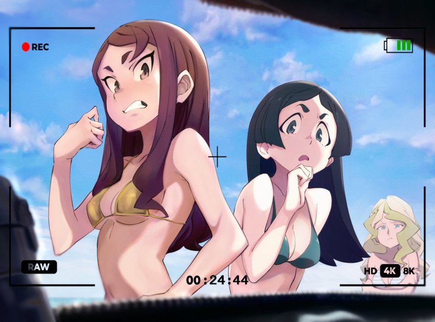 3girls 90millimetri aqua_bikini barbara_parker bare_shoulders bikini black_hair blonde_hair blue_bikini blue_eyes blunt_ends breasts brown_eyes brown_hair cleavage clenched_teeth closed_mouth cloud cloudy_sky collarbone commentary crossed_arms day diana_cavendish frown gold_bikini hand_on_own_face hand_on_own_hip hand_up hannah_england highres linea_alba little_witch_academia long_hair looking_at_viewer medium_breasts multicolored_bikini multicolored_clothes multiple_girls navel open_mouth parted_bangs short_eyebrows sideboob sidelocks single_sidelock sky straight_hair striped_bikini striped_clothes swimsuit symbol-only_commentary teeth thick_eyebrows tsurime underboob upper_body v-shaped_eyebrows viewfinder wavy_hair wavy_mouth white_bikini