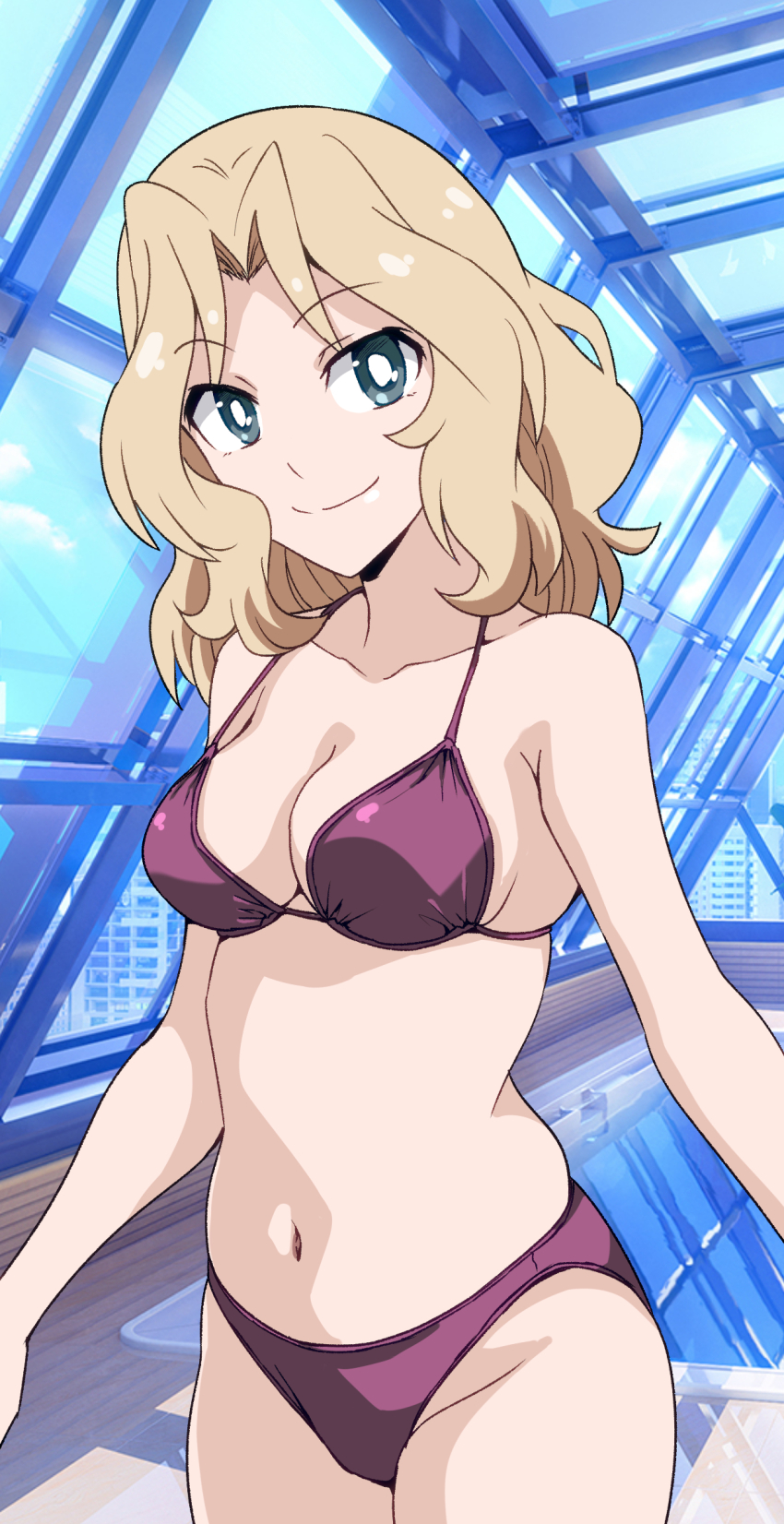 1girl absurdres bikini blonde_hair blue_eyes breasts bright_pupils closed_mouth commentary cowboy_shot day girls_und_panzer hair_intakes halterneck highres indoors kay_(girls_und_panzer) looking_at_viewer medium_breasts medium_hair navel ponzu_rui pool purple_bikini rei_no_pool smile solo standing swimsuit white_pupils window