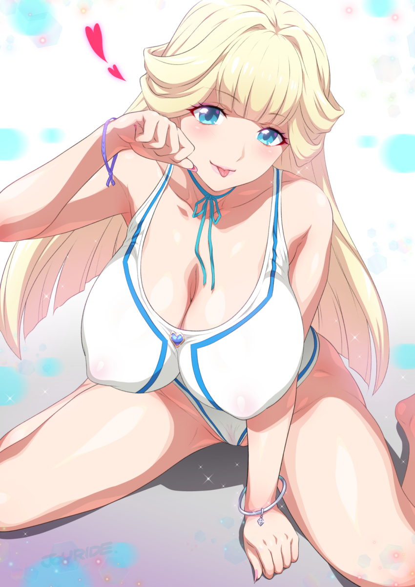 1girl :p bare_shoulders blonde_hair blue_eyes bracelet breasts cameltoe cleavage covered_erect_nipples heart highres jewelry joy_ride large_breasts long_hair looking_at_viewer nail_polish nekoyashiki_yuki one-piece_swimsuit precure sitting smile solo swimsuit tongue tongue_out wariza wonderful_precure!