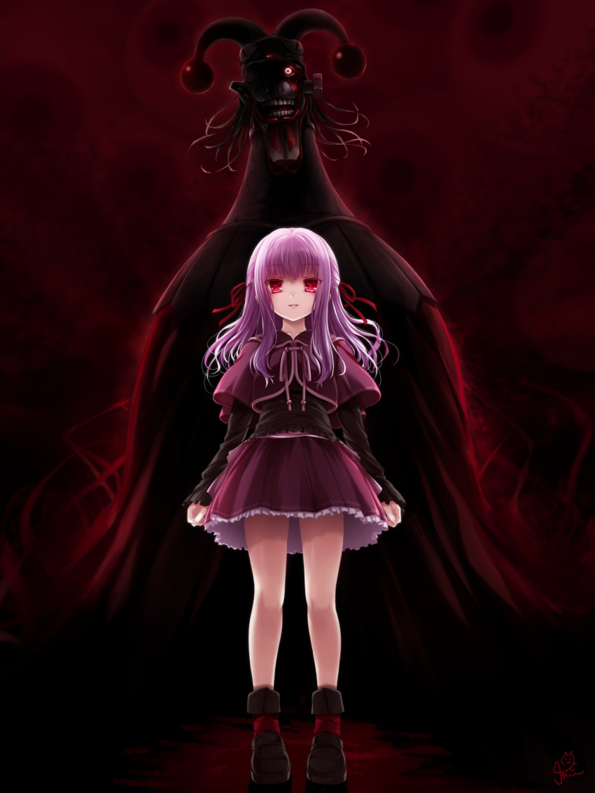 1girl 1other arms_at_sides black_shoes chaamii clenched_hands commentary crazy_smile dress evil_smile eyeball floating_hair frilled_dress frills full_body glowing glowing_eyes gore_(gore_screaming_show) gore_screaming_show highres horror_(theme) long_hair monster one_eye_covered parted_lips pink_dress red_eyes shoes sidelocks signature sleeves_past_wrists smile standing straight-on teeth wide-eyed yuka_(gore_screaming_show)