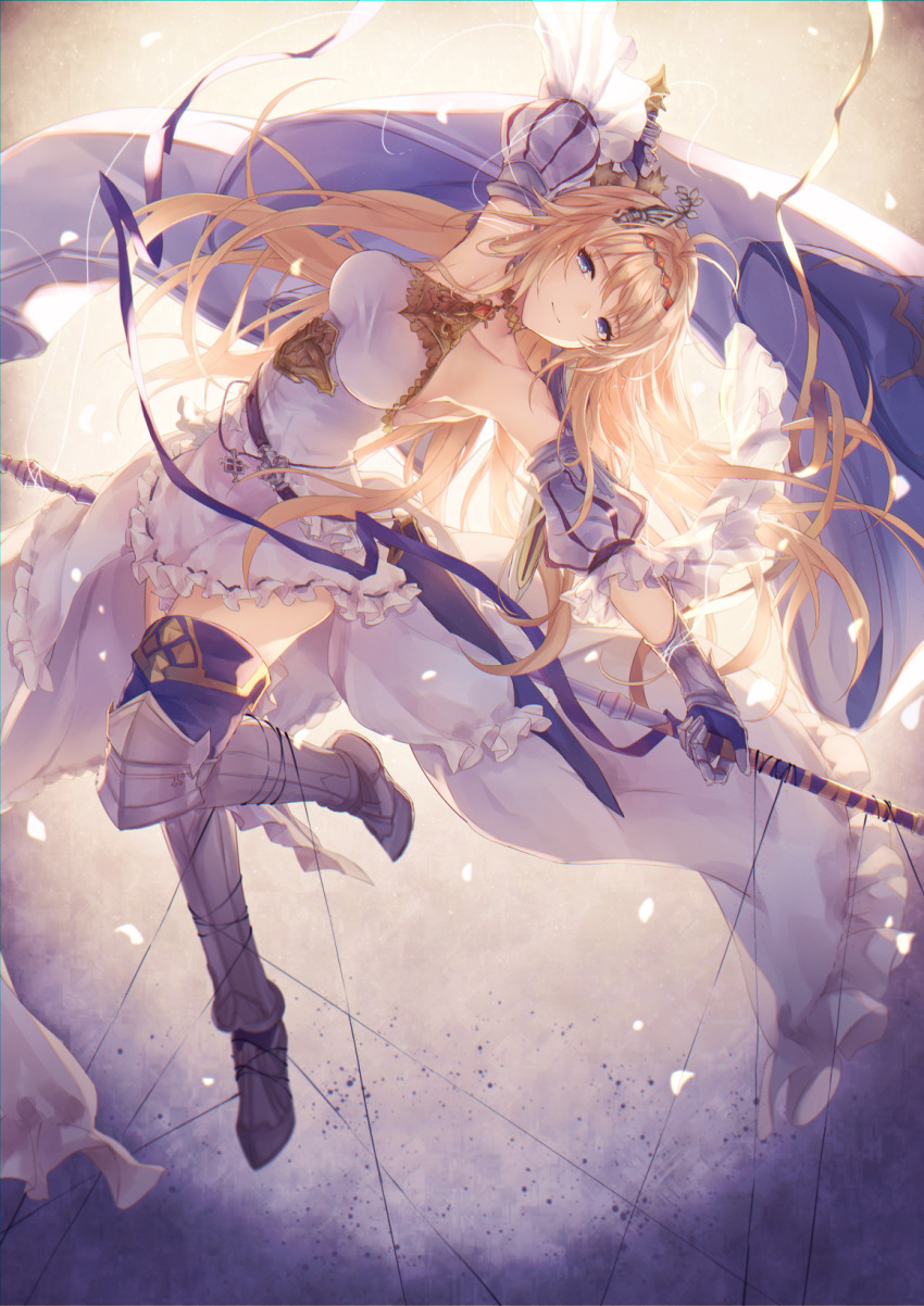 1girl ahoge armor armpits blonde_hair bound collarbone detached_sleeves diadem dress gauntlets granblue_fantasy greaves hair_intakes highres jeanne_d&#039;arc_(granblue_fantasy) long_hair polearm scabbard sheath smile solo spear suzuna_(fkpw5754) sword weapon white_dress