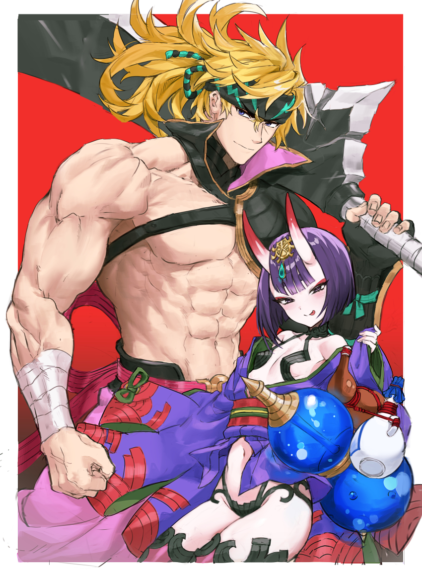 1boy 1girl :p abs absurdres blonde_hair blush breasts fate/grand_order fate_(series) gourd headband headpiece highres horns huge_weapon japanese_clothes kimono looking_at_viewer medium_hair muscular muscular_male navel oni over_shoulder pectorals purple_hair purple_kimono sakata_kintoki_(fate) sakata_kintoki_(heian_warrior_attire)_(fate) sake_onicure short_hair shuten_douji_(fate) skin-covered_horns small_breasts smile sword sword_over_shoulder tongue tongue_out topless_male weapon weapon_over_shoulder