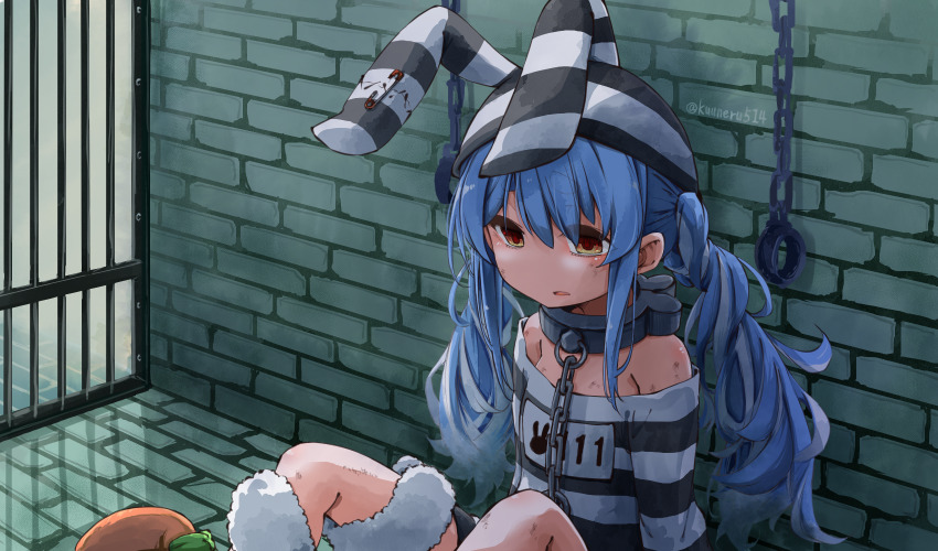 1girl animal_ears bare_shoulders blue_hair brown_eyes chain dirty hat highres hololive kuuneru514 long_hair multicolored_hair open_mouth prison_cell rabbit_ears sitting solo symbol-shaped_pupils twintails two-tone_hair usada_pekora virtual_youtuber