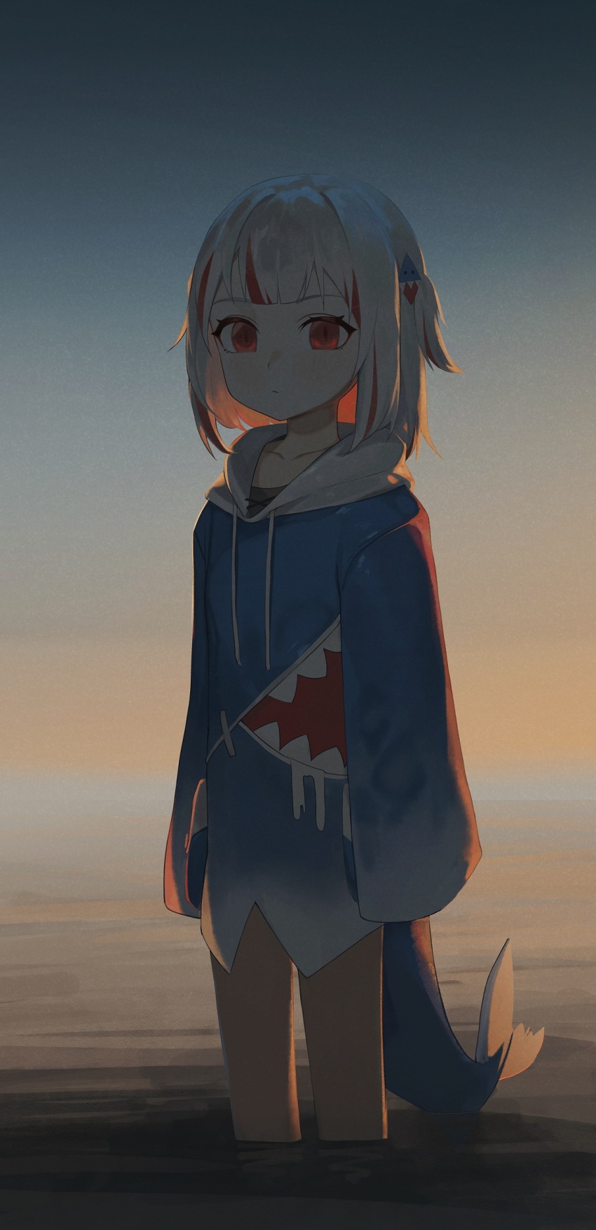 1girl alternate_eye_color alternate_hair_color animal_hood blue_hoodie closed_mouth collarbone commentary darkzmonsty drawstring english_commentary fins fish_tail gawr_gura gawr_gura_(1st_costume) grey_hair hair_ornament highres hololive hololive_english hood hood_down hoodie horizon long_sleeves looking_at_viewer multicolored_hair ocean red_eyes red_hair reflect_(gawr_gura) shark_hair_ornament shark_hood shark_tail sleeves_past_fingers sleeves_past_wrists solo standing streaked_hair tail two_side_up virtual_youtuber wading water