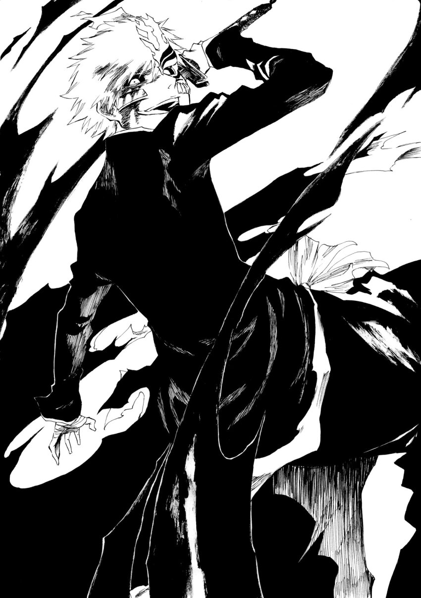 1boy bandaged_hand bandages bandaid bandaid_on_face black_jacket black_sclera bleach blood blood_on_face colored_sclera commentary_request crazy_smile dutch_angle energy feet_out_of_frame from_behind getsuga_tensho highres holding holding_sword holding_weapon hollow_ichigo incoming_attack jacket katana ken&#039;ichi_(ken1ro_u) kurosaki_ichigo long_sleeves looking_at_viewer male_focus mask monochrome open_mouth short_hair simple_background smile solo spiked_hair sword teeth tensa_zangetsu_(bankai) upper_teeth_only weapon white_background