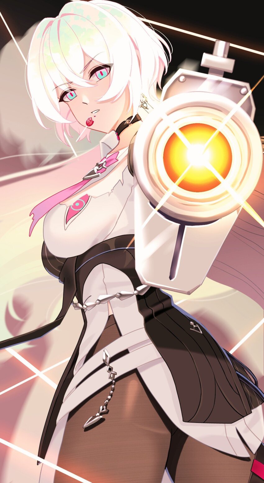 1girl aiming aiming_at_viewer black_pantyhose breasts candy choker food glowing glowing_hair gradient_necktie gun highres holding holding_gun holding_weapon honkai_(series) honkai_impact_3rd lantern_(honkai_impact) lollipop long_hair looking_at_viewer medium_breasts necktie pantyhose ryuusan_(leuthan698) torn_clothes torn_necktie two-tone_eyes weapon