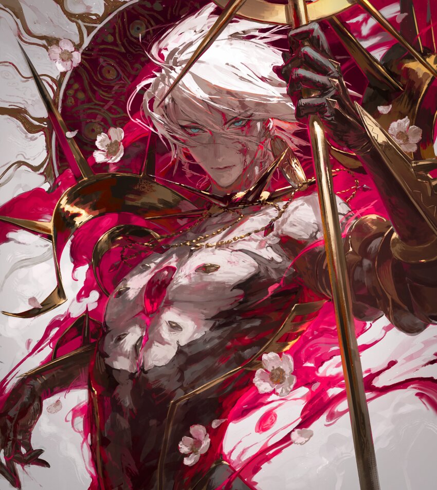 1boy absurdres black_gloves blood blood_on_face closed_mouth commentary earrings egawa_akira english_commentary falling_petals fate/grand_order fate_(series) flower gloves green_eyes hair_between_eyes highres holding holding_weapon jewelry karna_(fate) looking_at_viewer male_focus muscular muscular_male necklace petals short_hair smile solo upper_body weapon white_flower white_hair