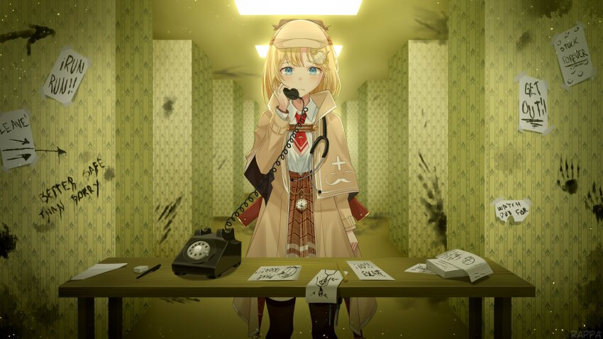 1girl antique_phone backrooms_(creepypasta) blonde_hair bloody_handprints blue_eyes bob_cut brown_capelet brown_coat brown_hat brown_skirt capelet coat collared_shirt deerstalker eraser frown hair_ornament handprint hat high-waist_skirt highres holding holding_phone hololive hololive_english looking_at_viewer necktie paper pen phone plaid_clothes plaid_skirt pocket_watch rappa_(sirrappa) red_necktie rotary_phone shirt short_hair skirt solo stethoscope syringe syringe_holster table thigh_strap virtual_youtuber watch watson_amelia white_shirt yellow_theme