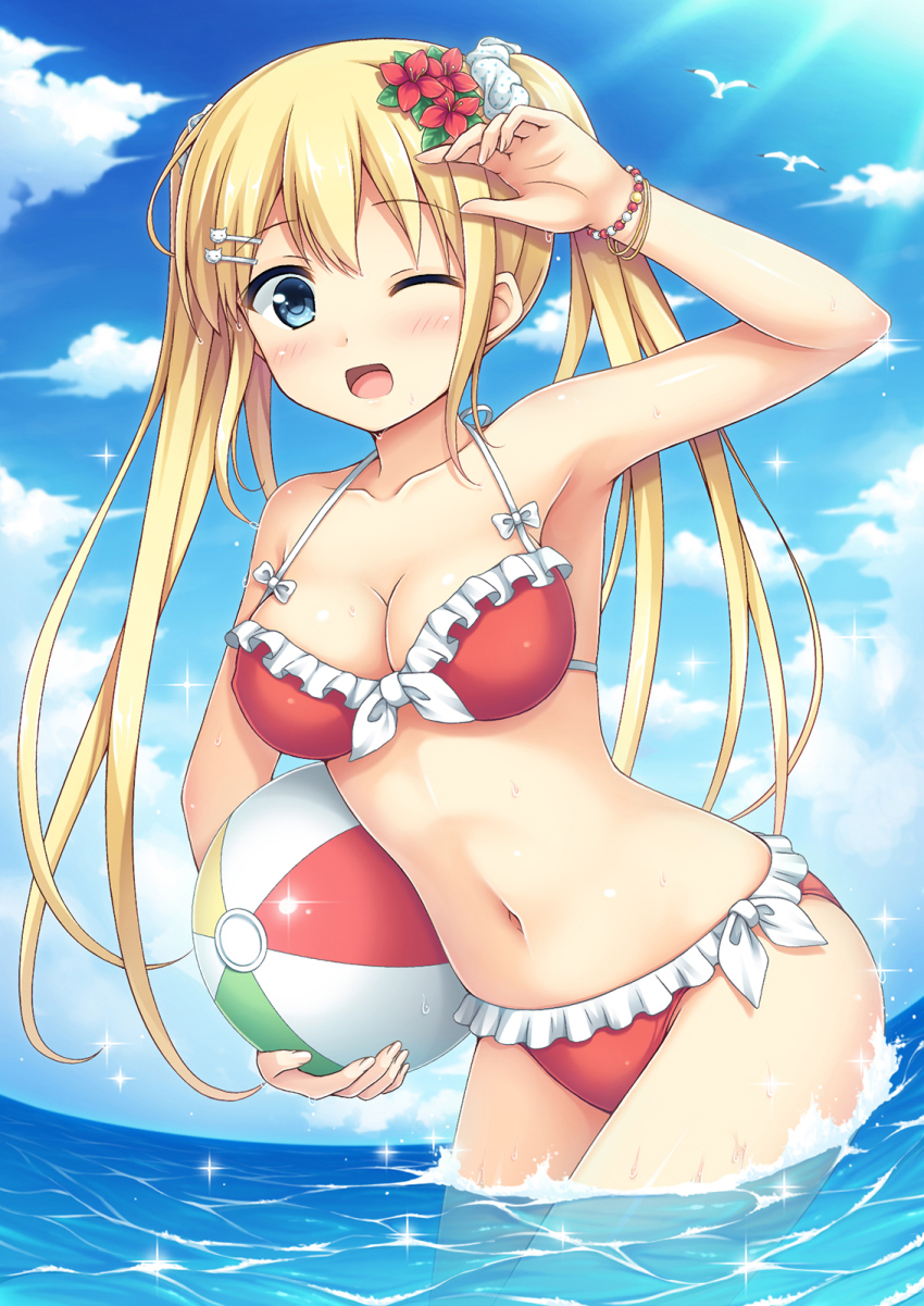 1girl ;d bad_id bad_pixiv_id ball bare_arms bare_shoulders beachball bikini bird blonde_hair blue_eyes blush bracelet breasts cat_hair_ornament cleavage cloud collarbone cowboy_shot day female_focus flower frilled_bikini frills hair_flower hair_ornament hair_scrunchie highres horizon jewelry leaning_forward light_rays long_hair looking_at_viewer medium_breasts nakamura_sumikage navel ocean one_eye_closed open_mouth original outdoors polka_dot red_bikini scrunchie seagull smile soaking_feet solo sparkle swimsuit twintails wading water wet