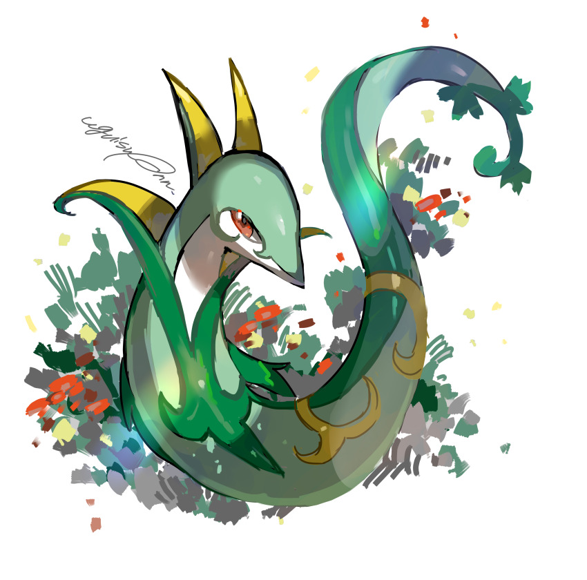 absurdres animal_focus commentary_request creatures_(company) flower full_body game_freak gen_5_pokemon grass highres milkma2 nintendo no_humans pokemon pokemon_(creature) red_eyes serperior simple_background solo white_background