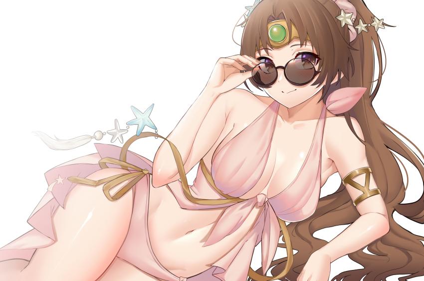 1girl absurdres adjusting_eyewear adjusting_glasses alternate_costume armlet bikini breasts brown-tinted_eyewear brown_eyes brown_hair circlet commission fire_emblem fire_emblem:_mystery_of_the_emblem fire_emblem:_shadow_dragon fire_emblem_heroes highres jewelry linde_(fire_emblem) long_hair looking_over_eyewear looking_over_glasses md5_mismatch nail_polish navel nintendo official_alternate_costume pink_bikini ponytail resolution_mismatch solo_focus source_smaller starfish_hair_ornament sunglasses swimsuit thighs tinted_eyewear vuxer white_background