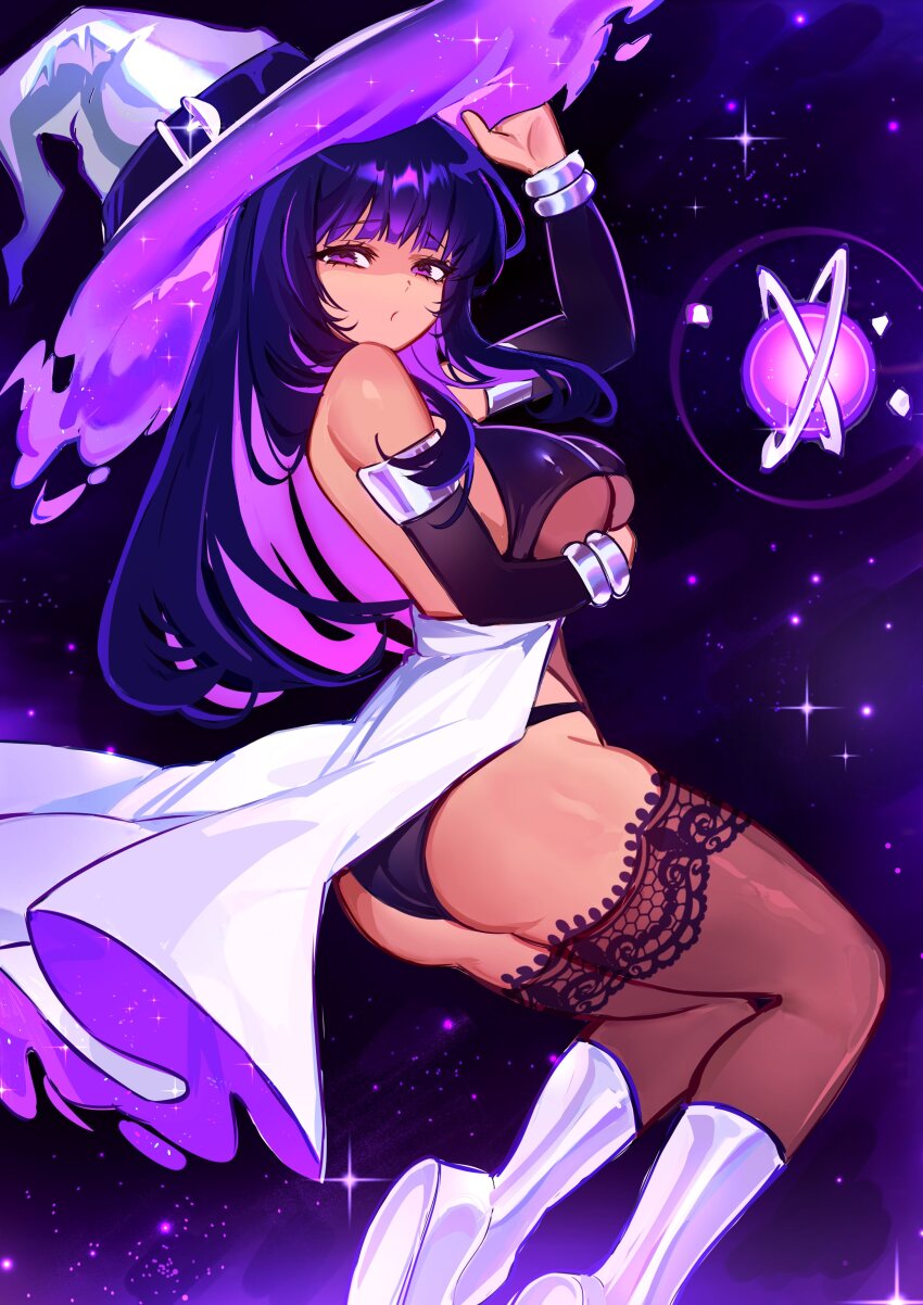 1girl absurdres arm_up ass bare_shoulders boots breasts colored_inner_hair commentary commission detached_sleeves from_side grey_thighhighs hat highres holding holding_hat holding_unworn_clothes long_hair looking_at_viewer multicolored_hair original purple_eyes purple_hair simple_background skirt solo sparkle star_(sky) starry_sky_background thighhighs two-tone_hair white_footwear white_skirt witch_hat woppuru