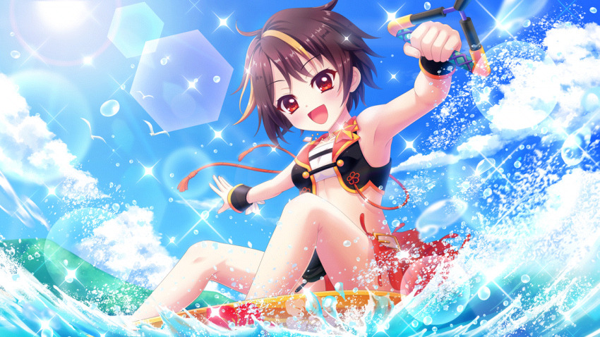 1girl :d armpits bandou_mikuru belt_buckle bikini bird black_vest black_wrist_cuffs blonde_hair blue_sky breasts brown_hair buckle cloud day dot_nose film_grain game_cg hand_on_handle izumi_tsubasu lens_flare looking_at_viewer multicolored_hair non-circular_lens_flare non-web_source official_art open_mouth outdoors outstretched_arm re:stage! red_eyes seagull short_hair sitting sky small_breasts smile solo sparkle splashing streaked_hair sun swimsuit two-tone_hair vest water_drop water_skiing white_bikini wrist_cuffs