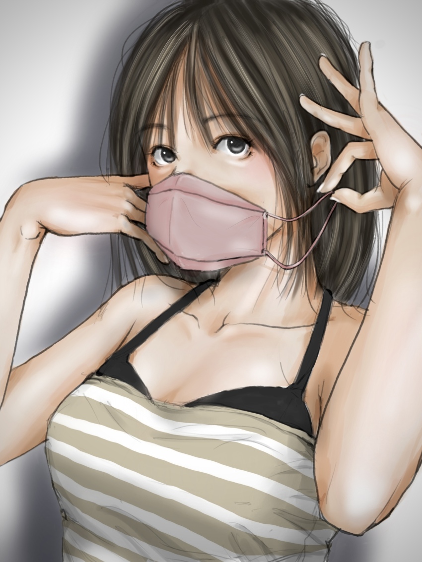 1girl black_eyes breasts brown_hair brown_shirt cleavage collarbone hands_up highres looking_at_viewer mask medium_breasts medium_hair mouth_mask original satotan shirt simple_background striped_clothes striped_shirt