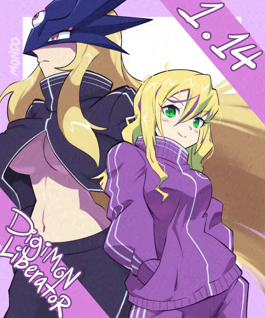 2girls alternate_costume beelstarmon black_pants blonde_hair border breasts cowboy_shot dated digimon digimon_card_game digimon_liberator eye_mask hands_in_pockets happy_birthday highres jacket large_breasts long_hair multicolored_hair multiple_girls pants purple_background purple_eyes purple_hair purple_jacket purple_pants shrug_(clothing) simple_background streaked_hair supermondobeat third_eye track_jacket two-tone_hair underboob violet_inboots white_border