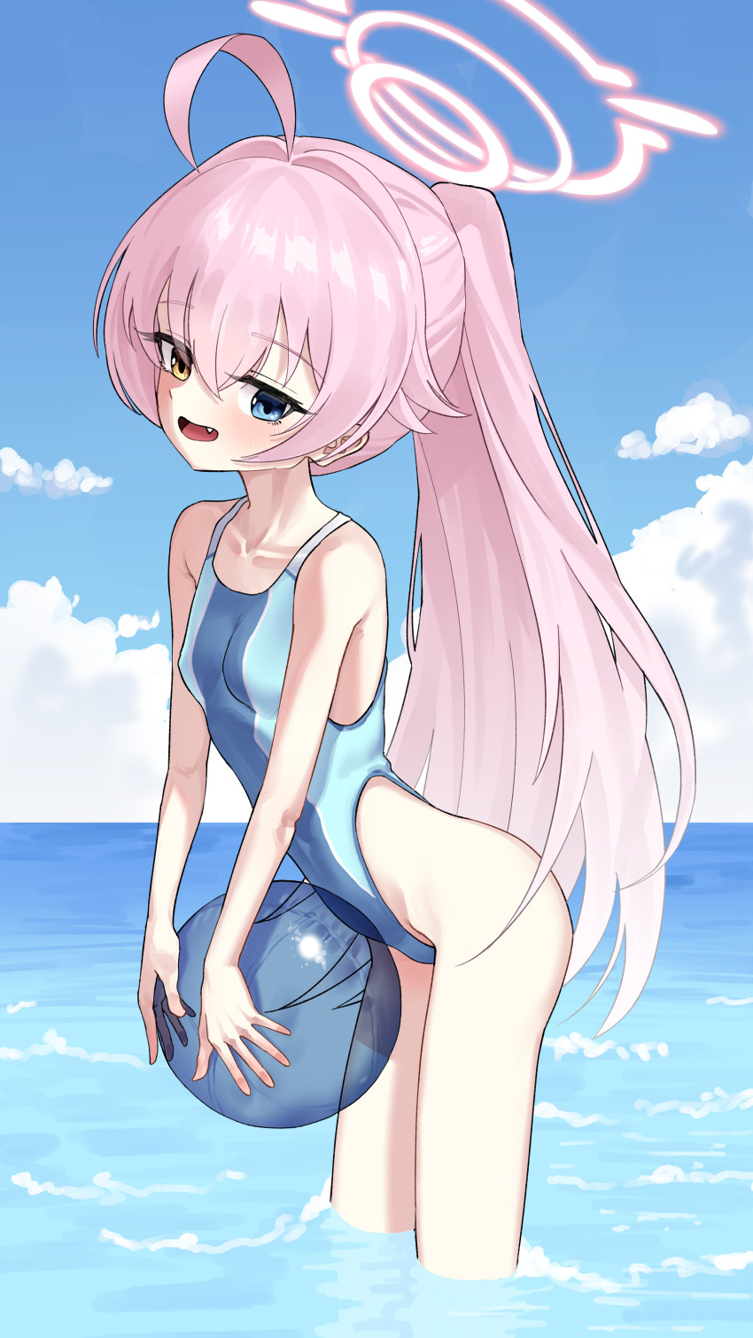 1girl absurdres ahoge ball beach beachball blue_archive blue_eyes blue_one-piece_swimsuit fang hair_between_eyes halo heterochromia highleg highleg_one-piece_swimsuit highres hoshino_(blue_archive) leaning_forward long_hair looking_at_viewer mikelee0614 ocean one-piece_swimsuit open_mouth pink_hair pink_halo ponytail see-through_ball solo standing swimsuit two-tone_swimsuit wading yellow_eyes