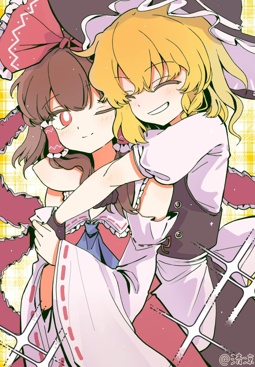 2girls apron artist_name ascot black_gloves blonde_hair blue_ascot bow braid brown_hair closed_eyes closed_mouth detached_sleeves frilled_bow frilled_hair_tubes frills gloves grin hair_bow hair_tubes hakurei_reimu hat highres hug hug_from_behind kirisame_marisa long_hair multiple_girls one_eye_closed puffy_short_sleeves puffy_sleeves red_bow red_eyes red_skirt ribbon-trimmed_sleeves ribbon_trim short_sleeves side_braid single_braid skirt skirt_set smile touhou waist_apron witch_hat youshouhaoxianzhe yuri