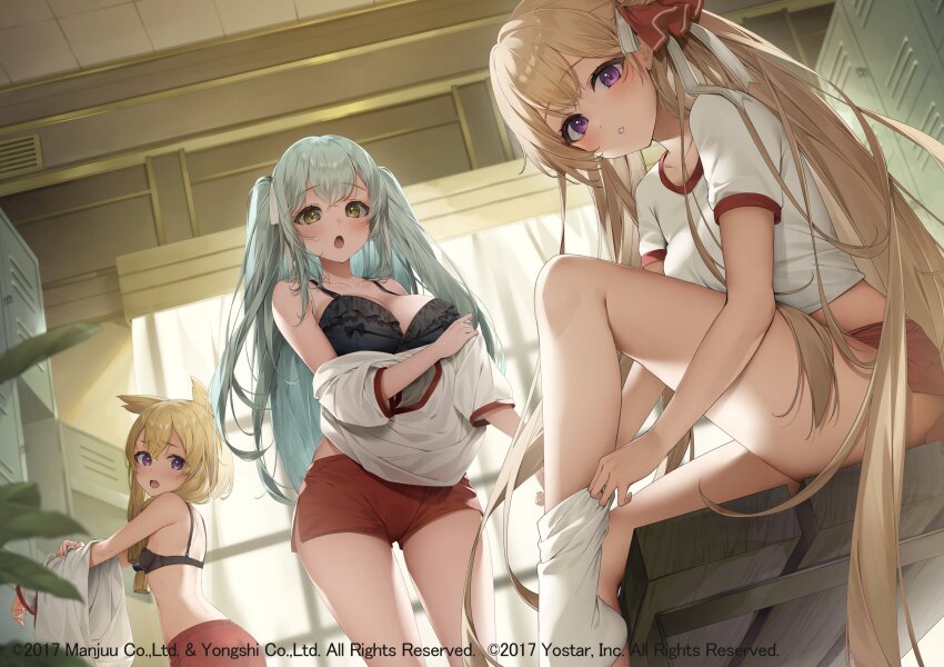 3girls absurdres alternate_costume azur_lane black_bra blonde_hair blush bra breasts copyright_name cowboy_shot frilled_bra frills from_below from_side green_hair hair_ears hair_ribbon highres izumi_kei large_breasts locker locker_room long_hair looking_at_viewer medium_breasts midriff_peek multiple_girls official_art on_bench open_mouth purple_eyes red_ribbon red_shorts revenge_(azur_lane) ribbon royal_oak_(azur_lane) shirt short_shorts short_sleeves shorts sitting small_breasts sock_pull socks sportswear standing underwear undressing very_long_hair warspite_(azur_lane) white_shirt white_socks yellow_eyes