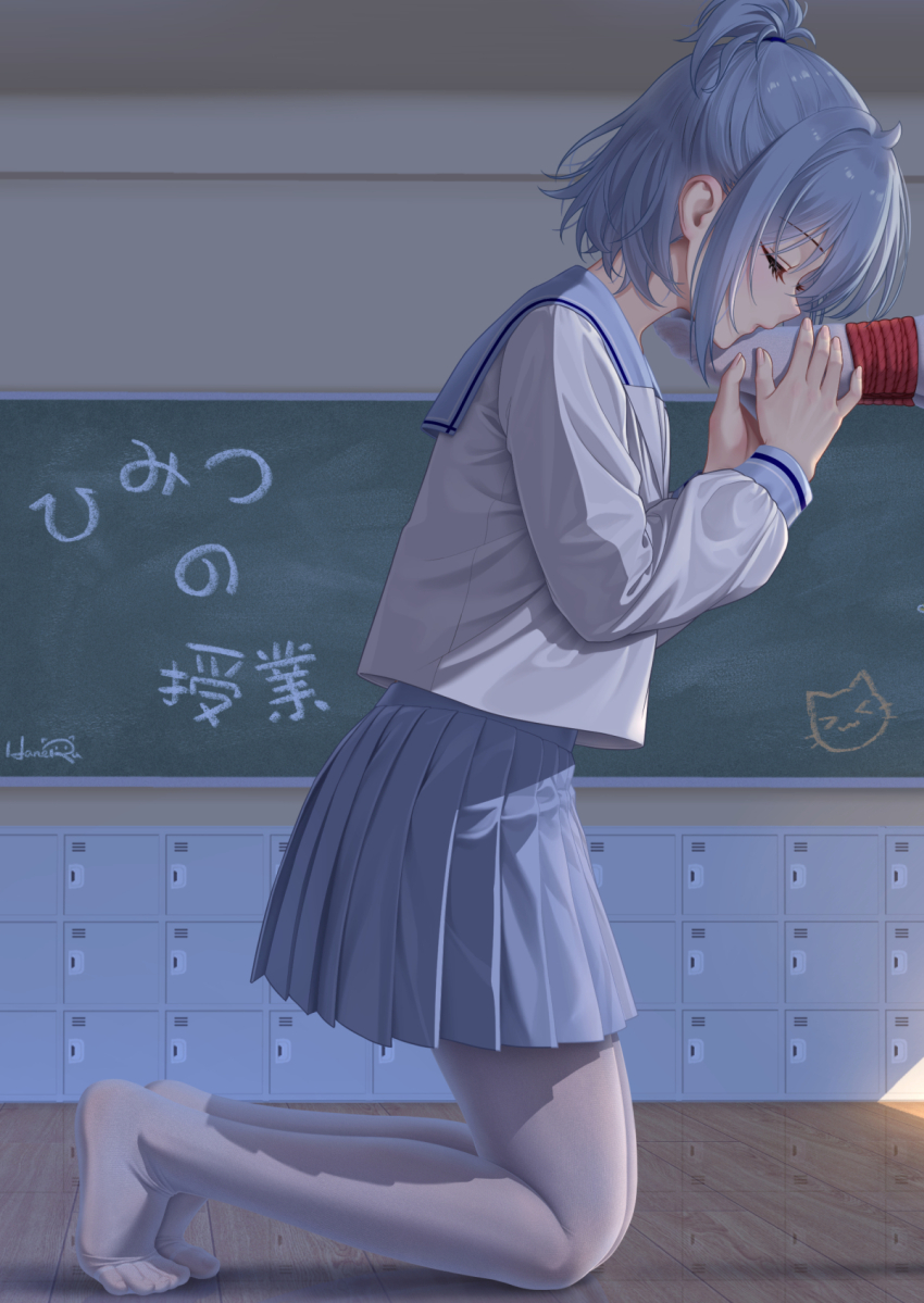 1girl blue_hair chalkboard closed_eyes feet foot_worship full_body haneru haori_haruki highres himitsu_no_jugyou indoors kissing_foot kneeling locker long_sleeves no_shoes panties pleated_skirt school_uniform serafuku shirt shirt_overhang skirt solo_focus underwear white_panties white_shirt