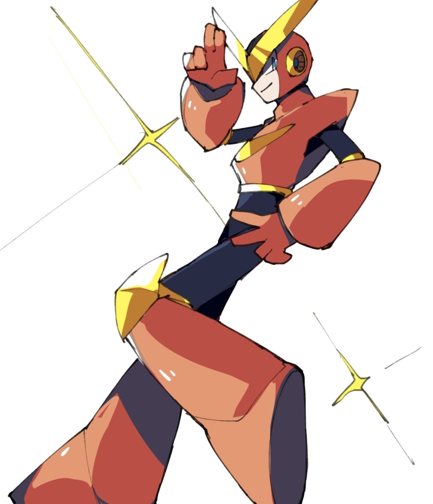 1boy arm_up armor black_bodysuit blue_eyes bodysuit boots breastplate chikichi closed_mouth from_side full_body gloves hand_on_own_hip hand_up happy helmet highres jpeg_artifacts knee_boots leg_up looking_at_viewer male_focus mega_man_(classic) mega_man_(series) mega_man_2 quick_man red_footwear red_gloves red_headwear sideways_mouth simple_background sketch smile solo standing standing_on_one_leg vambraces white_background