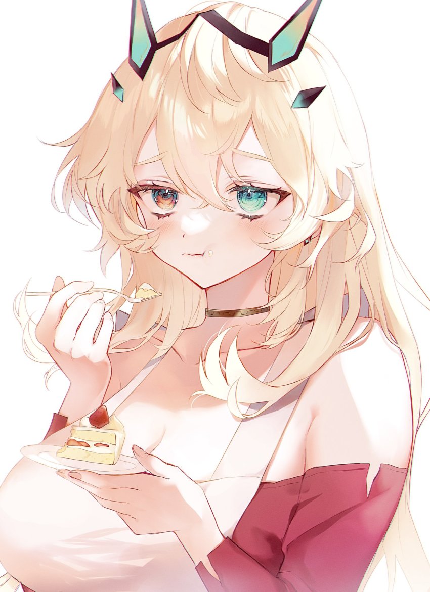 1girl apron aqua_eyes barghest_(fate) barghest_(like_a_lady)_(fate) black_choker blonde_hair blush breasts cake choker cleavage closed_mouth earrings eating fairy_knight_gawain_(like_a_lady)_(fate) fate/grand_order fate_(series) food food_on_face hair_between_eyes heterochromia highres holding holding_plate jewelry large_breasts long_hair long_sleeves plate red_eyes simple_background solo utsuhostoria very_long_hair wavy_mouth white_background