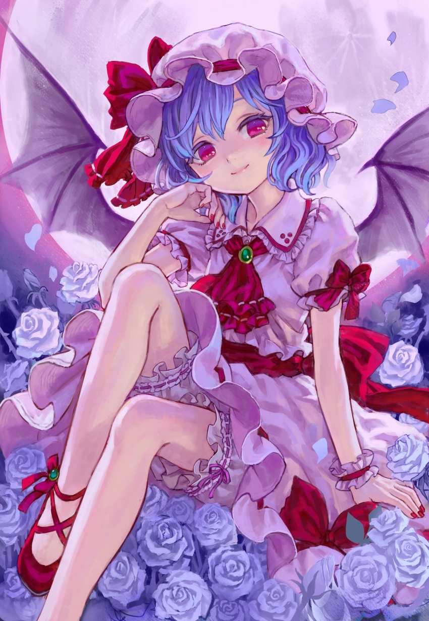 1girl ama-tou bat_wings bloomers blue_hair brooch commentary_request cross-laced_footwear dress flower foxfactory full_moon hat hat_ribbon highres jewelry looking_at_viewer moon nail_polish no_socks pink_dress pink_eyes puffy_sleeves red_eyes remilia_scarlet ribbon rose sash short_sleeves smile solo touhou underwear white_flower white_rose wings wrist_cuffs