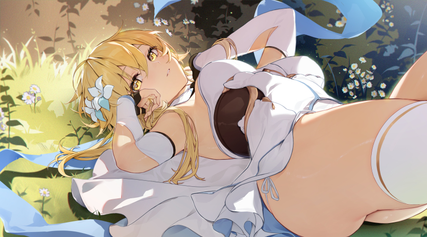 1girl absurdres ass bare_shoulders blonde_hair blush breasts commentary commentary_request dress flower genshin_impact hair_flower hair_ornament highres houkisei large_breasts looking_at_viewer lumine_(genshin_impact) lying on_back outdoors parted_lips solo thighhighs thighs vegetation white_dress white_thighhighs yellow_eyes