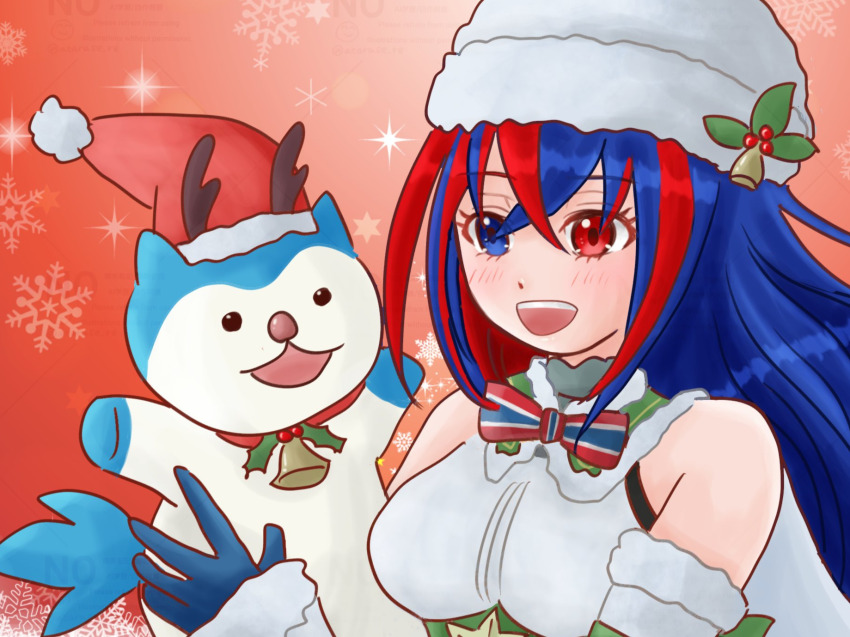 1girl 1other alear_(female)_(fire_emblem) alear_(female)_(gifted_dragons)_(fire_emblem) alear_(fire_emblem) antlers atarase_re blue_eyes blue_gloves blue_hair christmas crossed_bangs deer_antlers fake_antlers fire_emblem fire_emblem_engage fire_emblem_heroes fur-trimmed_headwear fur_trim fur_wrist_cuffs gloves hair_between_eyes heterochromia highres horns long_hair multicolored_hair nintendo official_alternate_costume open_mouth red_eyes red_hair smile sommie_(fire_emblem) split-color_hair two-tone_hair wrist_cuffs