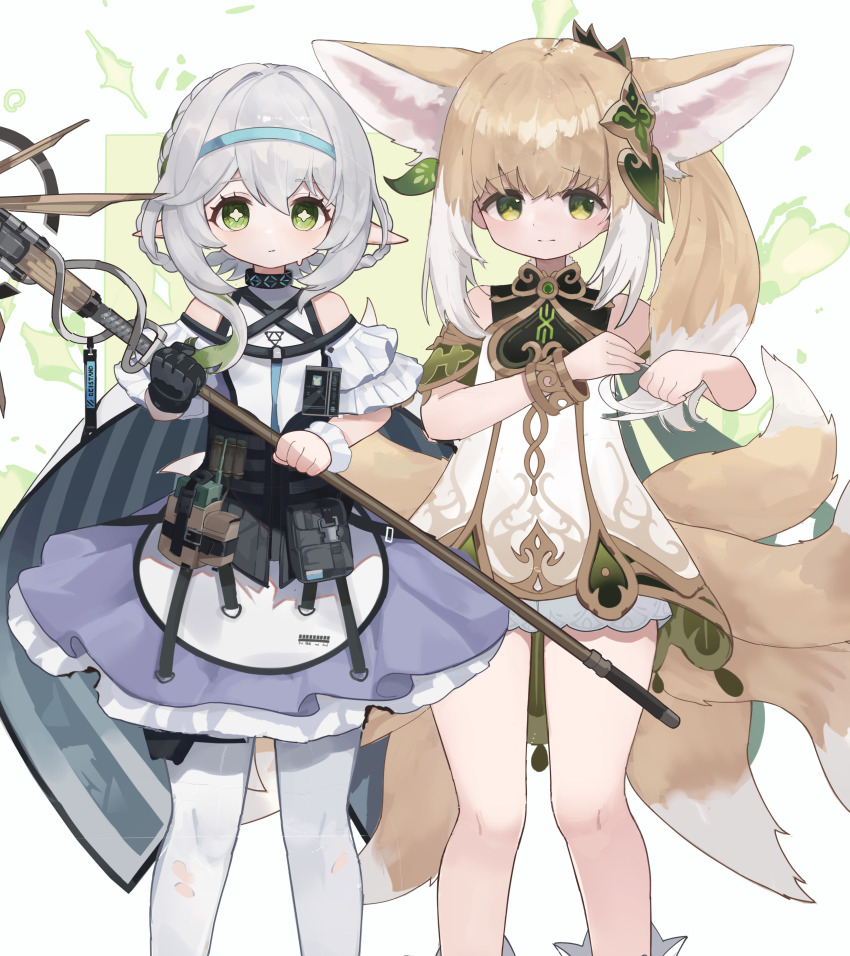 2girls absurdres animal_ears arknights blonde_hair blue_hairband braid braided_hair_rings closed_mouth commentary cosplay costume_switch cross-shaped_pupils detached_sleeves dress english_commentary feet_out_of_frame fox_ears fox_girl fox_tail genshin_impact gloves green_eyes green_sleeves grey_hair hair_rings hairband highres holding holding_staff infection_monitor_(arknights) kitsune kyuubi long_hair looking_at_viewer multiple_girls multiple_tails nahida_(genshin_impact) nahida_(genshin_impact)_(cosplay) pantyhose purple_dress short_dress short_hair short_sleeves side_ponytail single_glove sleeveless sleeveless_dress staff standing sun_(65693337) suzuran_(arknights) suzuran_(arknights)_(cosplay) symbol-shaped_pupils tail torn_clothes torn_pantyhose twin_braids white_dress white_pantyhose