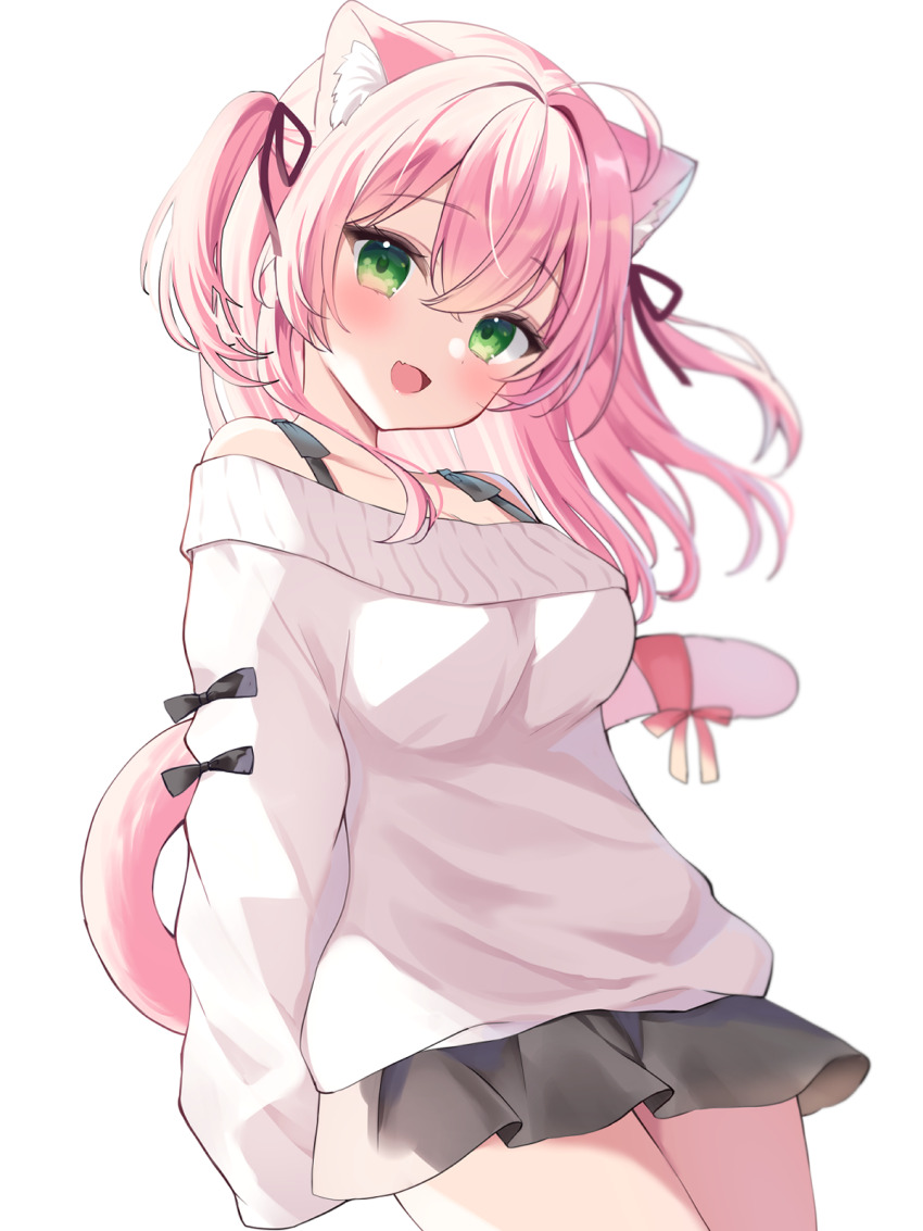 1girl :d ahoge animal_ear_fluff animal_ears blush breasts cat_ears cat_girl cat_tail double-parted_bangs green_eyes hamico haruka_(hamico) head_tilt highres looking_at_viewer medium_breasts off-shoulder_sweater off_shoulder open_mouth original pink_hair pleated_skirt ribbon skirt smile solo sweater tail tail_ornament tail_ribbon white_background white_sweater