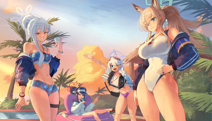 4girls animal_ears antenna_hair bare_shoulders bikini bikini_under_clothes blonde_hair blue_archive blue_bikini blue_eyes blush braid braided_bun breasts cloud dog_ears dog_girl double_bun dusk food fubuki_(blue_archive) fubuki_(swimsuit)_(blue_archive) hair_bun halo hand_on_own_hip highres holding innertube jacket kanna_(blue_archive) kanna_(swimsuit)_(blue_archive) kirino_(blue_archive) kirino_(swimsuit)_(blue_archive) konoka_(blue_archive) large_breasts long_sleeves looking_at_viewer multiple_girls one-piece_swimsuit open_clothes open_jacket open_vest outdoors palm_leaf palm_tree pink_halo ponytail pool popsicle purple_bikini purple_halo red_whistle roro_(tpghksdlzpq) school_swimsuit see-through see-through_shirt shirt single_hair_bun sky small_breasts swim_ring swimsuit thick_thighs thighs tree vest water wet whistle whistle_around_neck white_jacket white_one-piece_swimsuit