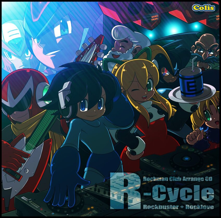 2girls 6+boys album_cover assault_visor bass_(mega_man) beard black_hair black_helmet blonde_hair blue_bodysuit blue_eyes blue_helmet bodysuit chest_jewel closed_eyes cover crossover dj dr._light_(mega_man) dr._wily_(mega_man) dress electric_guitar facial_hair forehead_jewel green_eyes grey_bodysuit grey_hair guitar hashtag-only_commentary headphones helmet hi-go! high_ponytail holding holding_guitar holding_instrument instrument kalinka_cossack_(mega_man) mega_man_(character) mega_man_(classic) mega_man_(series) mega_man_x_(series) multiple_boys multiple_girls mustache no_headwear one_eye_closed red_dress red_eyes red_helmet roll_(mega_man) scarf smile white_hair x_(mega_man) yellow_scarf zero_(mega_man)