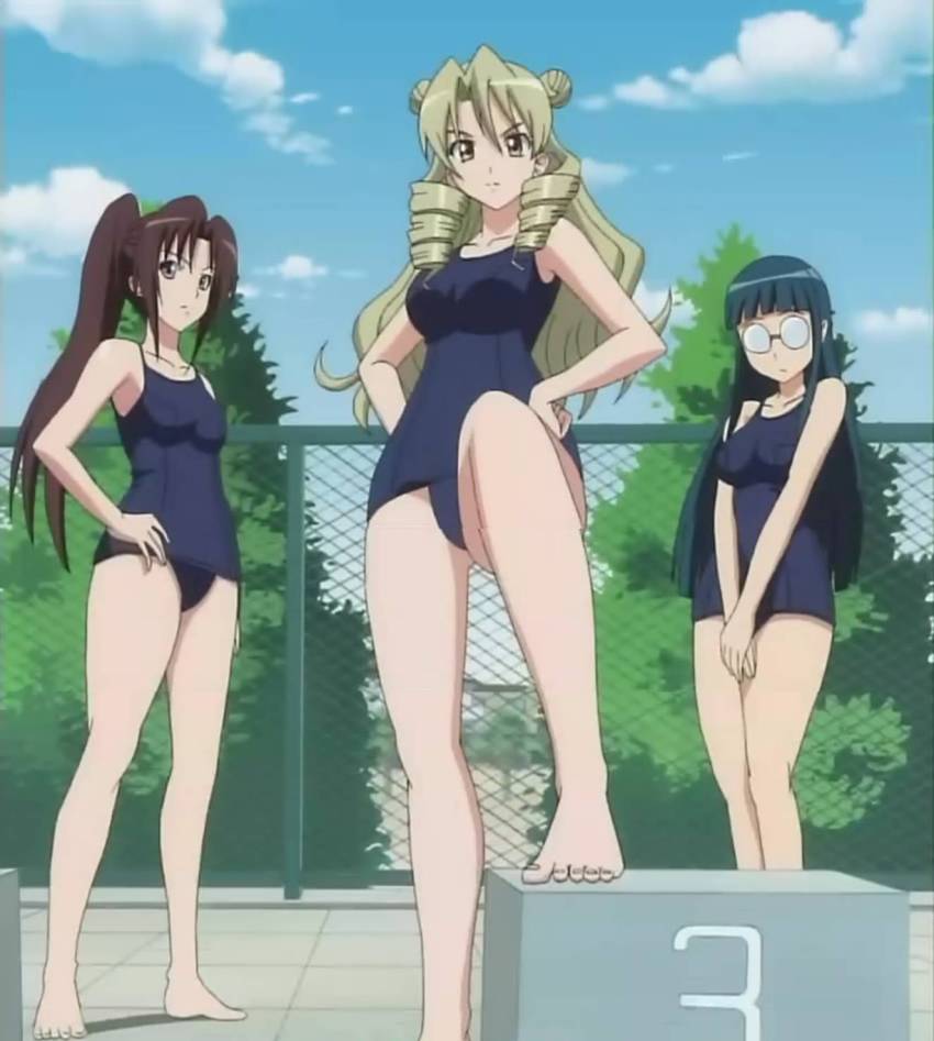 3girls barefoot blonde_hair blue_hair brown_hair drill_hair fujisaki_aya_(to_love-ru) glasses highres kujou_rin long_hair multiple_girls one-piece_swimsuit ponytail pool school_swimsuit screencap swimsuit tenjouin_saki to_love-ru