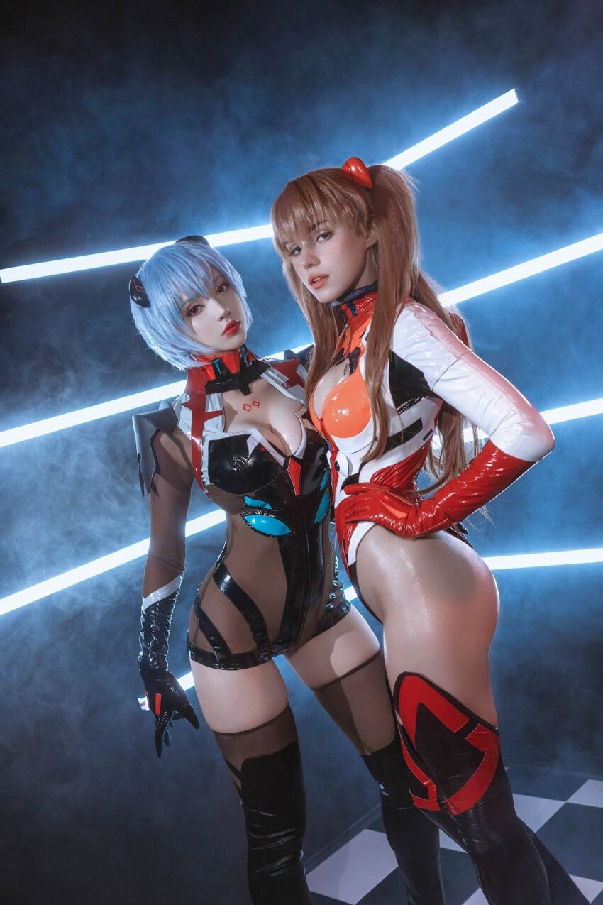 2girls artist_request ass ayanami_rei blue_hair brown_hair cosplay hand_on_own_hip latex mecha_pilot_suit multiple_girls neon_genesis_evangelion plugsuit real_life red_eyes smoke source_request souryuu_asuka_langley