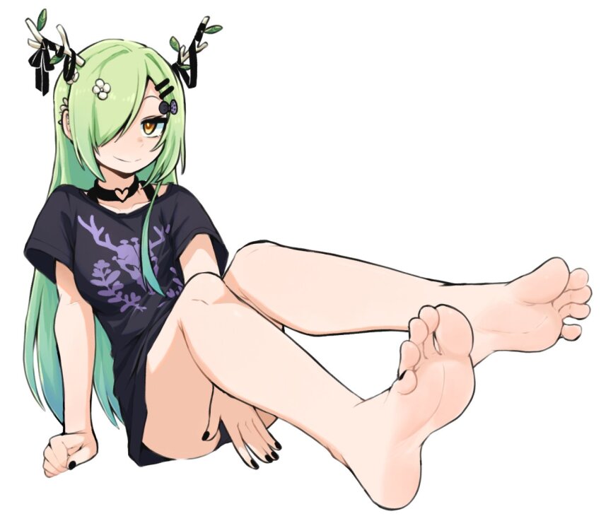 1girl antlers arm_support barefoot black_nails black_panties black_shirt ceres_fauna ceres_fauna_(goth) choker feet flower foot_focus goth_fashion gradient_hair green_hair hair_flower hair_ornament hair_over_one_eye heart heart_choker hololive hololive_english horns multicolored_hair nail_polish official_alternate_costume official_alternate_hairstyle panties shirt skull_print softhanten soles toenail_polish toenails underwear virtual_youtuber yellow_eyes