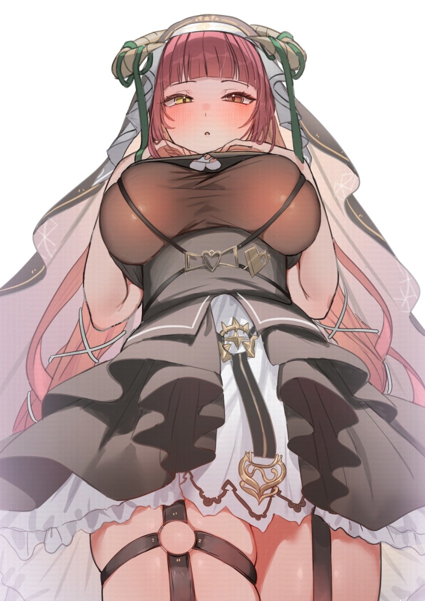 1girl black_hat black_skirt blush breasts clothing_cutout from_below habit hat heart_cutout heterochromia highres hololive horns houshou_marine houshou_marine_(ahoy!!_you&#039;re_all_pirates) large_breasts long_hair looking_at_viewer o-ring o-ring_thigh_strap open_mouth red_eyes red_hair simple_background skirt solo takeno_omoti thigh_strap thighs underboob virtual_youtuber white_background yellow_eyes